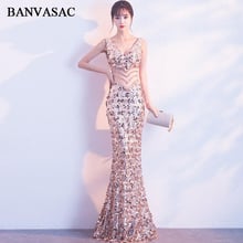 BANVASAC-vestido de noche largo de sirena con lentejuelas y escote en V profundo, vestidos ahuecados con ilusión de cristal y espalda descubierta para fiesta y graduación 2024 - compra barato