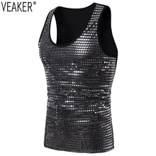 2019 New Men's Sexy Sequin Transparent Tank Tops Black See Through Sleeveless Vest Tops Male Slim Fit Nightclub Shiny Gold Vest 2024 - buy cheap