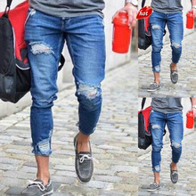 Новинка 2018, мужские байкерские джинсы, джинсовые рваные джинсы со средней талией, обтягивающие повседневные джинсы в стиле хип-хоп, Мужская одежда, большие размеры, O8R2 2024 - купить недорого