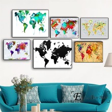 Póster Vintage de acuarela con mapa del mundo, pintura al óleo sobre lienzo, murales artísticos para pared, imágenes para decoración de sala de estar, sin marco 2024 - compra barato