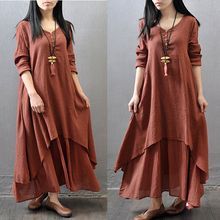 Sexy Women Peasant Ethnic Boho Cotton Linen Long Sleeve Loose Solid Plain Maxi Dress Women Dresses 2024 - buy cheap