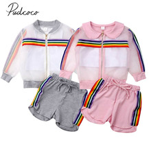 2019 Children Summer Clothing Toddler Kids Baby Girl Mesh Coat+Vest+Pants Outfit 3Pcs UV Sunsuit Colorful Rainbow Striped Set 2024 - buy cheap