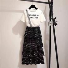 2019 Summer Women Set Short Sleeve Mesh Splicing Letter Cotton T Shirt + Polka Dot Layer Cake Skirt Suit Two Piece Set 2024 - buy cheap