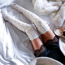 Winter Warm Stockings Women Knit Crochet Cotton Soft Thick Long Thigh-High Leggings Beige Purple 2024 - buy cheap