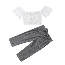 Комплект детской одежды pudcoco для маленьких девочек, летние кружевные кроп-топы, клетчатые брюки, леггинсы, одежда для маленьких девочек, наряды, женский костюм 2024 - купить недорого