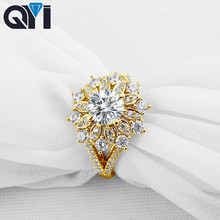 QYI-anillos de oro amarillo sólido de 14K con forma de flor, Anillo de compromiso de diamante de imitación de Sona de corte redondo de 1 ct para joyería de boda 2024 - compra barato