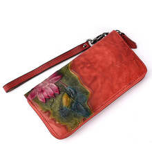 Women Long Wallet Money  Clutch Wrist Bags Handy Zipper Bag Cards Holder Bird Flower Vintage Female Genuine Leather Purse 2024 - buy cheap