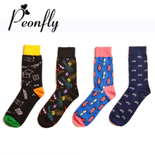 PEONFLY Casual Cotton Long Socks Men New Colorful Geometry Guitar Personality Lips Pattern Funny Socks Street Hip Hop Socks Male 2024 - buy cheap