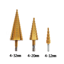 Титановые ступенчатые сверла из быстрорежущей стали, конусные режущие инструменты, резак для отверстий в дереве, набор ступенчатых конусных сверл 4-12 мм, 4-20 мм, 4-22 мм, 4-32 мм 2024 - купить недорого