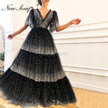 Abendkleider Sparkly Black Arabic Prom Dresses V Neck Formal Evening Dress Aibye Silver Glitter Tiered Party Gown Robe De Soiree 2024 - buy cheap