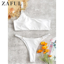Zaful biquíni feminino de cintura alta, corte alto, um ombro, conjunto de roupa de banho, biquínis acolchoados, moda praia biquni 2024 - compre barato