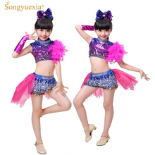 Songyuexia roupa de dança latina/moderna para meninas, traje infantil para dança de palco com flor e calça 110-150cm 2024 - compre barato