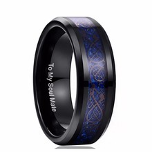 8mm High Polished Blue Opal Carved Dragon Line Men Tungsten Steel Ring Black Men Punk Knuckle Ring 2024 - buy cheap