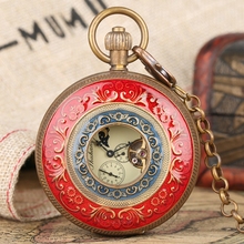 Pure Copper Red and Blue Cover Retro Large Tourbillon Mechanical Pocket Watch Fashion Retro FOB Hand Winding Double Hunter Clock 2024 - купить недорого