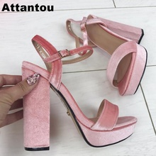 Pink Suede Velvet Leather High Heel Sandals Platform Open Toe Female High Heel Ankle Buckle Sandals Women Square Heeled Shoes 2024 - buy cheap