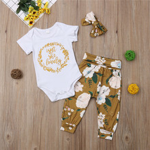 Newborn Kids Baby Girls clothes round neck short sleeve Bodysuit Floral print Pants Geometry Bow Headband 3pc Toddler Outfits 2024 - buy cheap