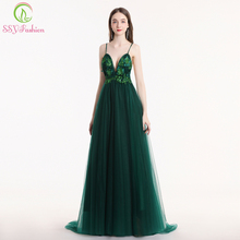 SSYFashion New Sexy Green Evening Dress V-neck Sleeveless Backless Sweep Train Lace Flower Formal Prom Gown Robe De Soiree 2024 - buy cheap