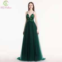 Ssyfashion novo sexy vestido de noite verde com decote em v sem mangas sem costas varredura trem laço flor formal vestido de baile robe de soiree 2024 - compre barato