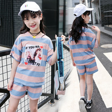 Summer children's clothing girls striped cotton new short-sleeved T-shirt and shorts running sports pants set 3-12 years 2024 - buy cheap
