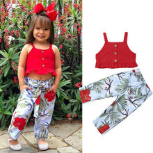 Summer Cool Toddler Girl Outfits Sleeveless Strap Solid Kids Vest Crop Tops+Floral Belt Long Pants Girl Clothes Stylish Set 2Pcs 2024 - buy cheap