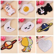 Kawaii Dogs Cats Poached Egg Embroidery Patches Iron On Cartoon Moon Cloud Planet Badges Sewing Appliques for Clothes Parches 2024 - buy cheap