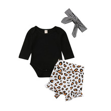 Casual Newborn Baby Girls Leopard Print Clothes Black Cotton Top Romper Short Pants Headband Outfit Set 2024 - buy cheap