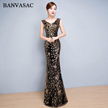 BANVASAC 2019 V Neck Elegant Sequined Mermaid Long Evening Dresses Party Sleeveless Zipper Backless Prom Gowns 2024 - buy cheap