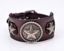 Star Button Style Metal Studded Genuine Punk Quality Wide Cowhide Leather Bracelet Cuff Wristband Bangle Brown 2024 - buy cheap