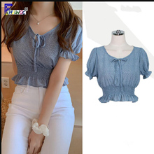 Crop Tops Womens Fashion Summer Short Sleeve Slim Fit Bow Tie Short Top Blue Polka Dot Blouse Shirts Korean Style Clothes 5011 2024 - buy cheap