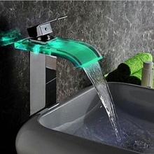 Uythner Modern LED Color Changing Glass Waterfall Spout Bathroom Basin Faucet Vanity Mixer Tap Chrome 2024 - buy cheap