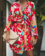 Женская Длинная блузка с цветочным принтом, Повседневная Свободная Длинная блузка-кимоно с длинным рукавом в богемном стиле, тонкая рубашка с расклешенным рукавом, осень-лето 2018 2024 - купить недорого