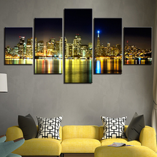 Decoração para casa cartaz de impressão em tela 5 peças seaside cidade edifício torre nightscape quadros quadro de arte da parede 2024 - compre barato