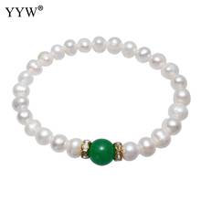 Natural White Freshwater Cultured Pearl Bracelet Rhinestone Agates Stone Potato Pearl Elastic Wristband Pearl Bracelets Woman 2024 - buy cheap