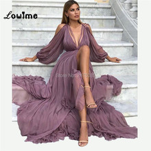 Hot Sexy Long Evening Dresses Deep V Neck Chiffon Prom Dress 2019 Long Sleeves Abendkleider High Split Side Saudi Arabic Dresses 2024 - buy cheap