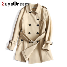 Women Trench 100%Cotton Belted Double Breasted Trench coat 2019 Spring New Khaki Navy Epaulet Trench For Women 2024 - buy cheap