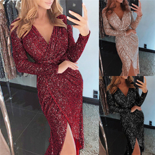 Sexy Women Dress Fashion Sequin Women Long Sleeve Dress Maxi V Neck Long Dresses Casual Summer Split Wrap Ladies Party Dresses 2024 - buy cheap