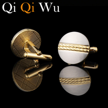 Gemelos redondos de oro francés de alta calidad, gemelos de joyería para hombres, botones de manguito dorado para padrino de boda con caja de regalo Qi Wu 2024 - compra barato