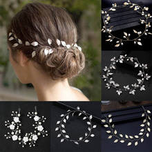 Korean Style Bridal Pearl Crystal Metal Leaf Headband Handmade Sweet Luxury Wedding Party Long Hair Bands Accesssories Headwrap 2024 - buy cheap