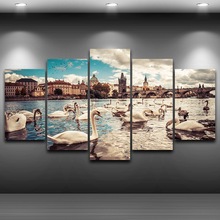 Canvas Pictures Home Decor Frame Print Bridge Scenery Picture 5 Piece Swans Lake City Building Painting For Living Room Wall Art 2024 - buy cheap