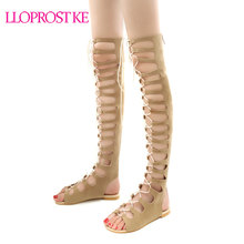 Lloprost ke gladiador romano bandagem sandálias mulher sobre o joelho plana sandalias botas femininas sapatos femininos meninas verão oco h286 2024 - compre barato