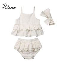 Conjunto de 3 peças de roupas lisas para bebês crianças meninas top com babado vestidos de alça + shorts + faixa com cabeça trajes de verão 2024 - compre barato