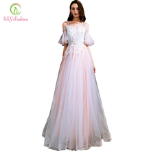 SSYFashion New Pink Evening Dress Sweet Lace Appliques V-neck Floor-length Soft Tulle Prom Gown Custom Made Formal Dresses 2024 - buy cheap