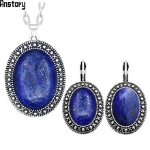 Oval Natural Lapis Lazuli Jewelry Set Necklace Hook Earrings Antique Silver Plated Stainless Steel Chain Fashion Jewelry TS390 2024 - buy cheap