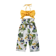 От 1 до 5 лет летняя одежда для маленьких девочек топы с цветочным принтом, широкие штаны комплект одежды из 2 предметов 2024 - купить недорого