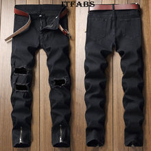 Модные мужские черные джинсы с дырками, длинные брюки, джинсовые облегающие рваные потертые байкерские рабочие брюки на молнии 2024 - купить недорого