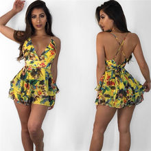 Bow Casual Women Playsuit Bandage Sleeveless Ruffle Sexy Flower Playsuit V Neck Beach Style Shorts Jumpsuit Rompers Vestidos 2024 - buy cheap