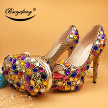 BaoYaFang  High Heeled Peep Toe Multicolored Crystal wedding shoes Woman High heels Platform shoes and bags Fahion shoes and bag 2024 - buy cheap