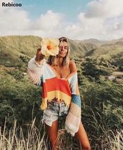 Rainbow Stripe Sweater Mulheres Fringe Profundo Decote Em V Borla Malha Jumper de Pullover Legal Meninas Outono Inverno Solto Cropped Puxar Femme 2024 - compre barato
