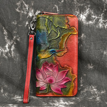 Carteira de couro genuíno para mulheres, carteira longa em relevo com flor e pássaro, retrô 2024 - compre barato
