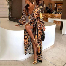 New Womens Boho Floral Printed Dress Spring Autumn Long Sleeve Long Maxi Dress Sexy V-neck Evening Party Beach Sundress Vestidos 2024 - buy cheap